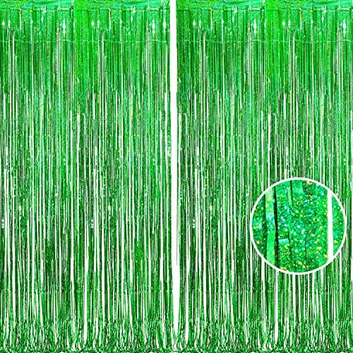 BRAVESHINE Green Metallic Tinsel Curtains - 2 Pack 32x82ft Photo Backdrop for Parties