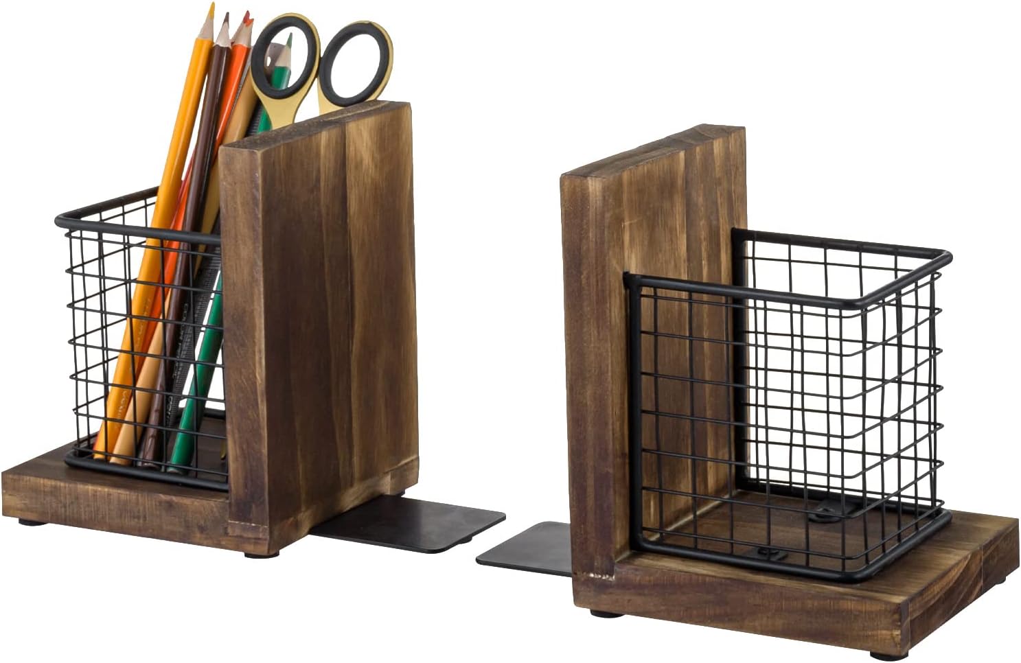 MyGift Rustic Burnt Wood Bookends with Metal Storage Baskets 1-Pair