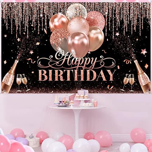 Tatuo Happy Birthday Backdrop Decorations Black Silver Rose Gold