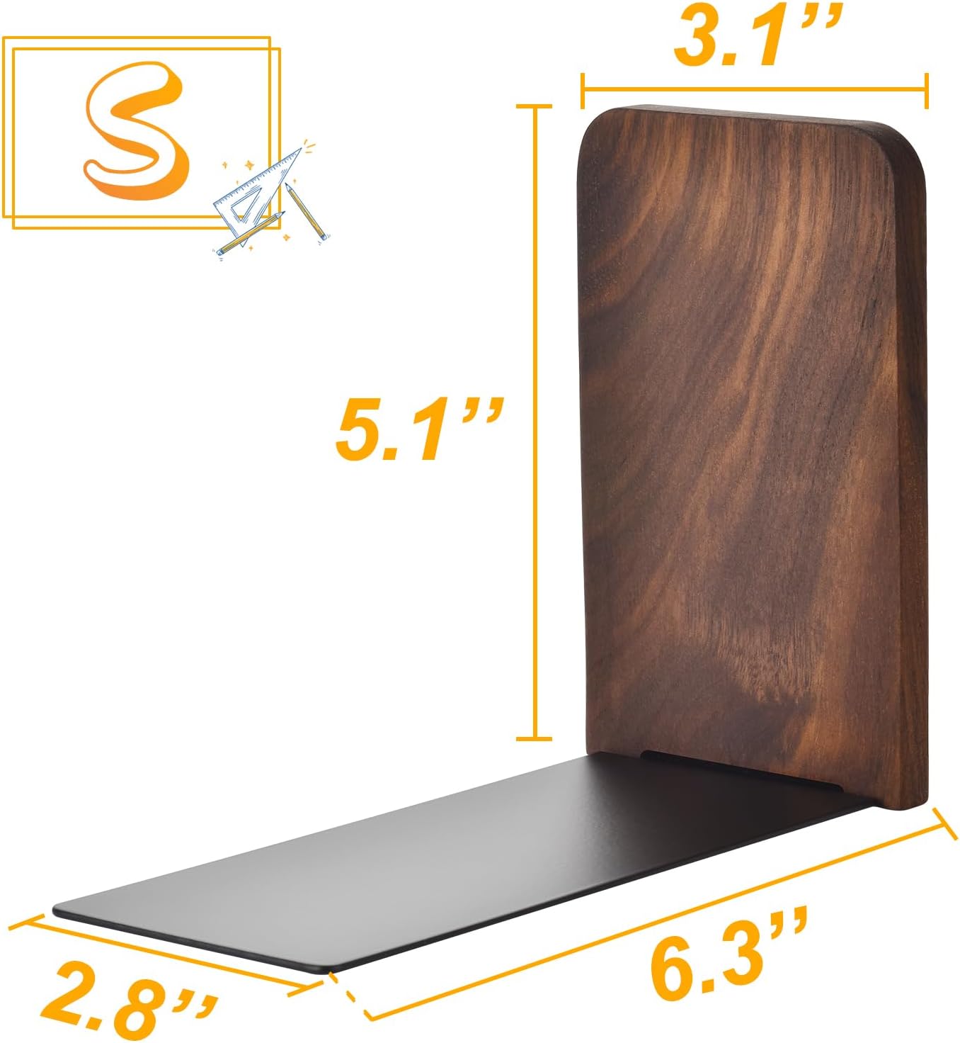 Black Walnut Book Ends Heavy Duty Non-Slip Set of 2