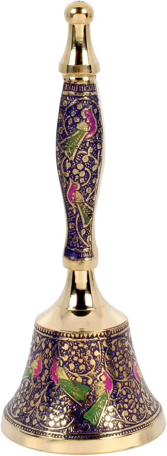 Brass Hand Bell with Peacock Design 75 Inch Blue Call Bell