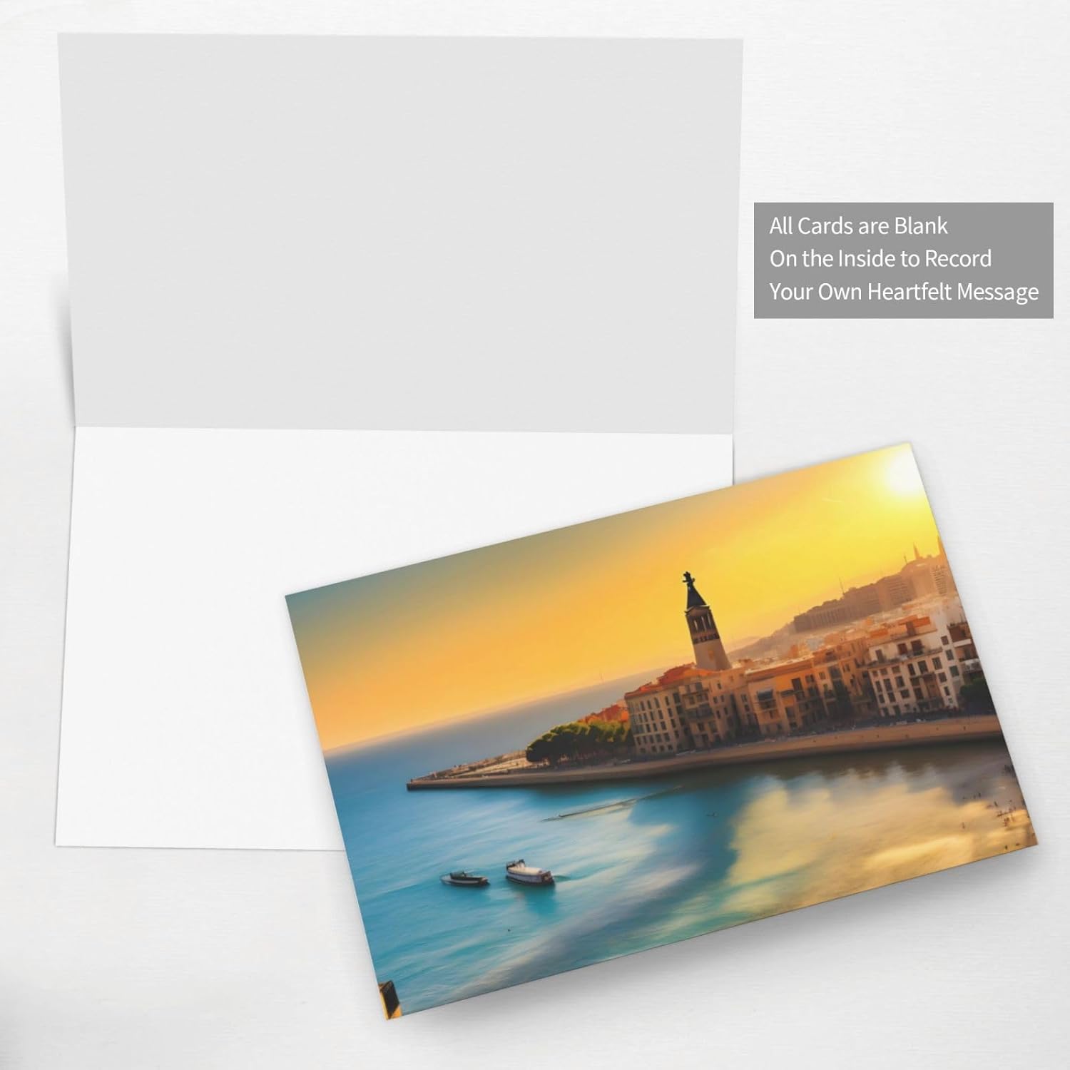 Blue Pearlescent Holiday Cards 4x6 with Sunset in Barcelona Print