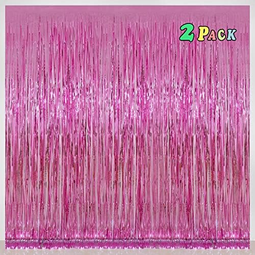 Pink Foil Fringe Curtains Tinsel Backdrop 32 x 8 ft - Pack of 2