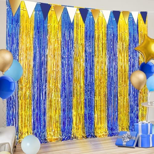 Navy Blue Gold Foil Fringe Curtains with Banner 4 Pack