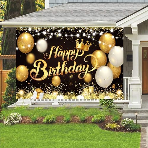 YinQin Black Gold Happy Birthday Party Backdrop Banner