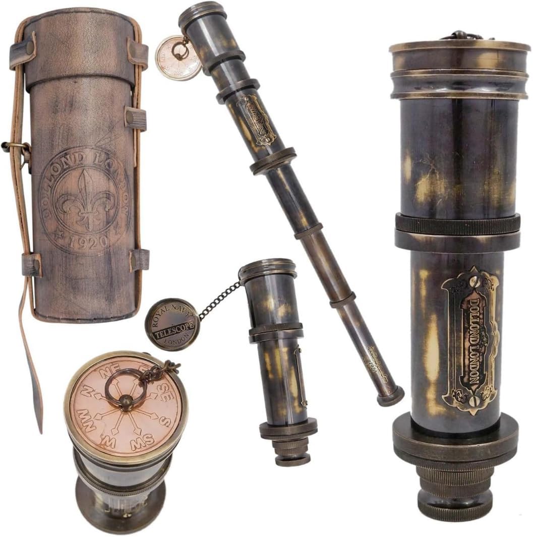 Antique Brass Pirate Spyglass Telescope with Leather Case