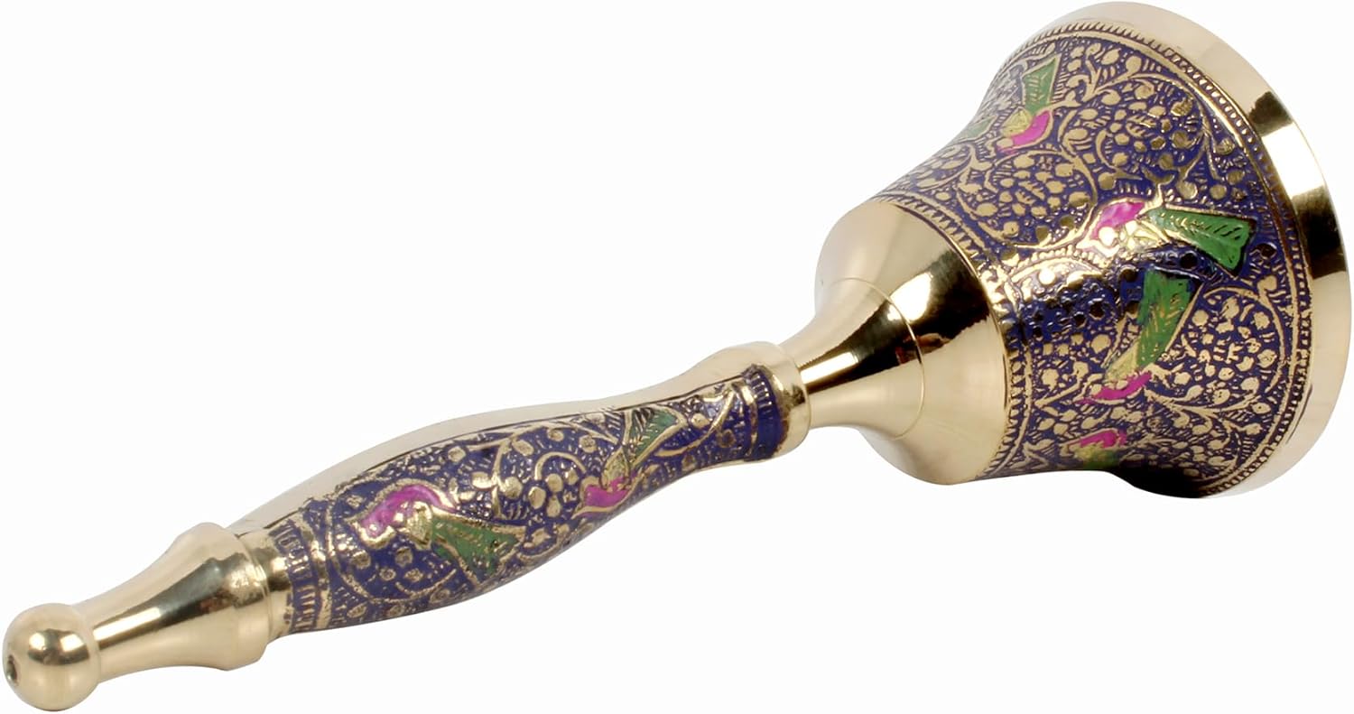 Brass Hand Bell with Peacock Design 75 Inch Blue Call Bell