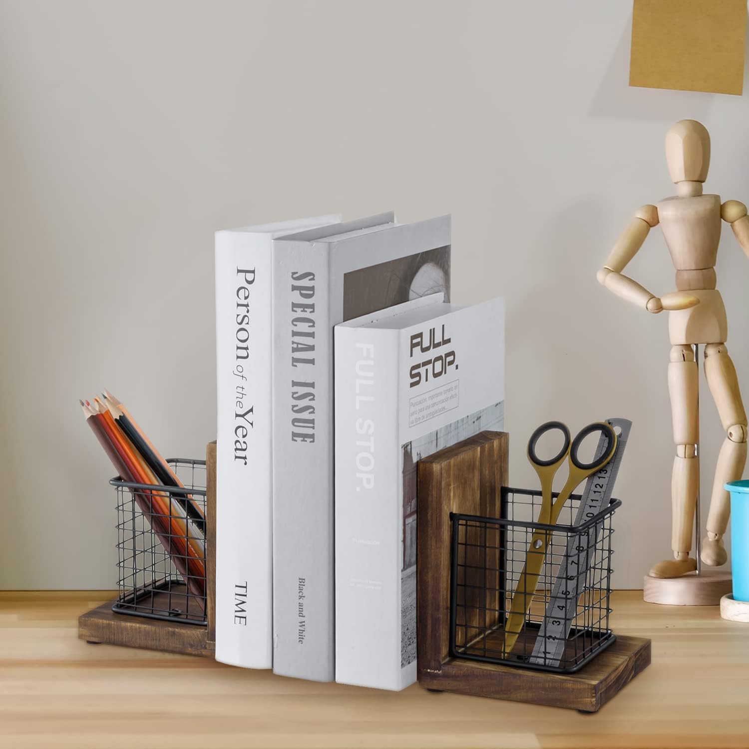 MyGift Rustic Burnt Wood Bookends with Metal Storage Baskets 1-Pair