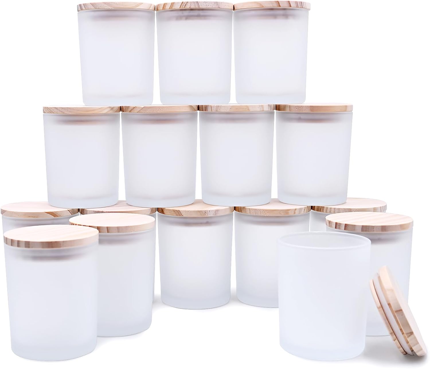 Thick Frosted White Candle Jars with Wood Lids 16 Pcs