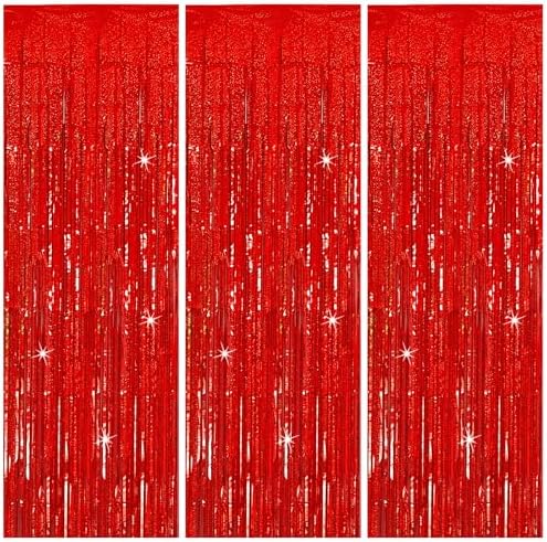 3 Pack Red Foil Fringe Party Backdrop Curtains