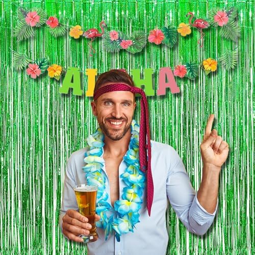 BRAVESHINE Green Metallic Tinsel Curtains - 2 Pack 32x82ft Photo Backdrop for Parties