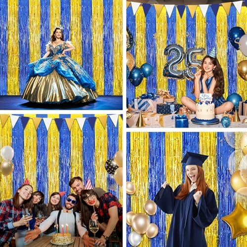 Navy Blue Gold Foil Fringe Curtains with Banner 4 Pack