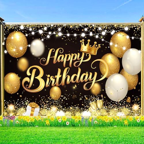 YinQin Black Gold Happy Birthday Party Backdrop Banner