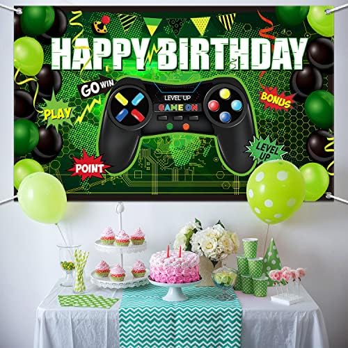 Blulu Gamer Themed Birthday Backdrop Banner Green