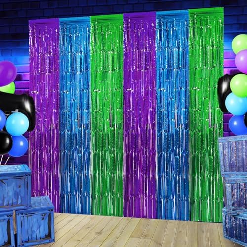 2 Pack Video Game Foil Fringe Curtains Backdrop for Birthday Parties