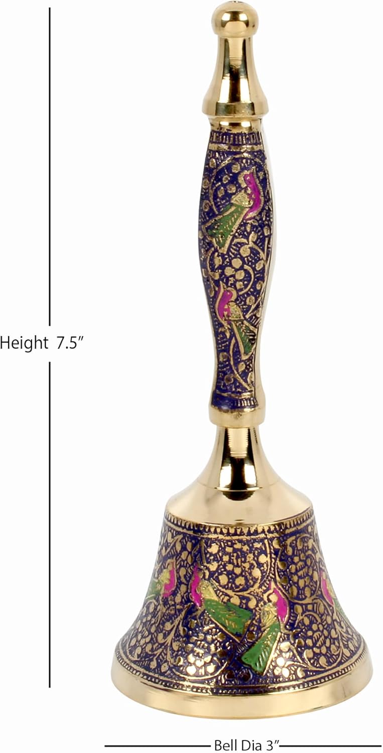 Brass Hand Bell with Peacock Design 75 Inch Blue Call Bell