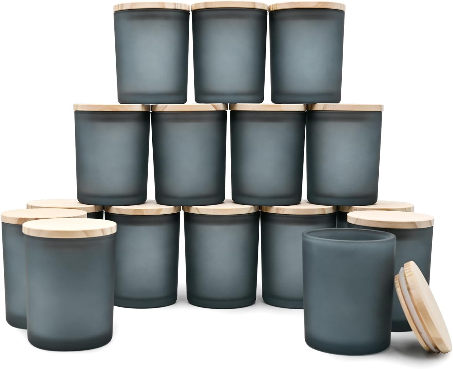 Showin Thick Candle Jars 16 Pcs with Wood Lids Frosted Gray
