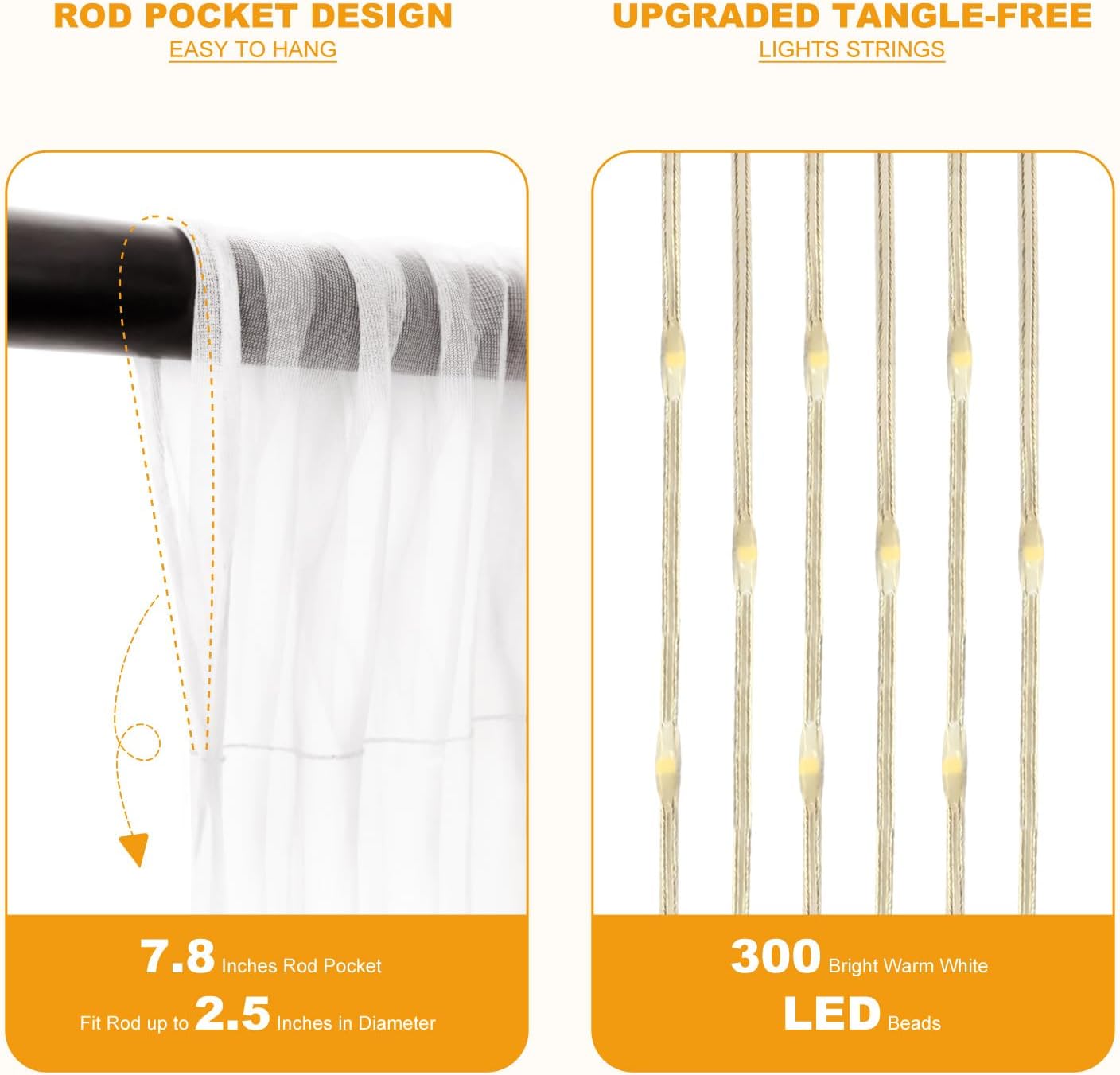 HOLITS Tulle Curtain Backdrop with 300 LED Fairy Lights 10ft x 10ft White