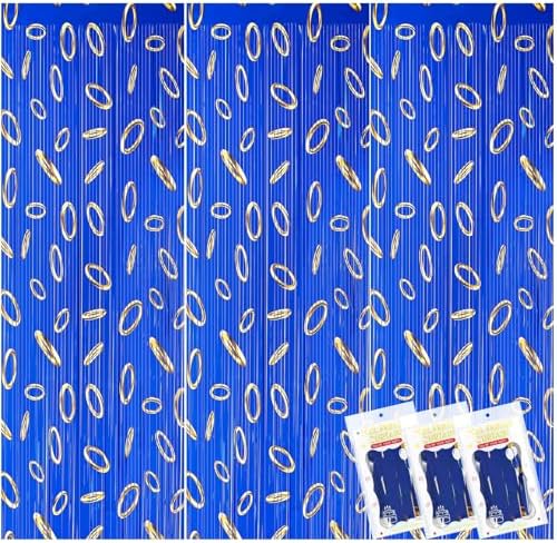 3 Pcs Blue with Gold Ring Print Party Backdrop Curtains