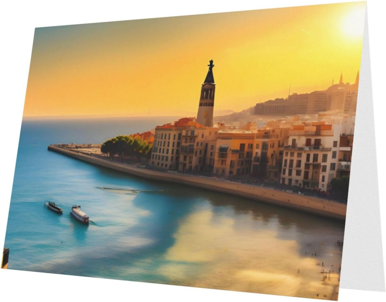 Blue Pearlescent Holiday Cards 4x6 with Sunset in Barcelona Print