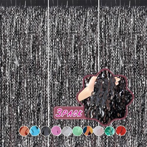 3 Pack Wavy Black Tinsel Curtains for Party Decor