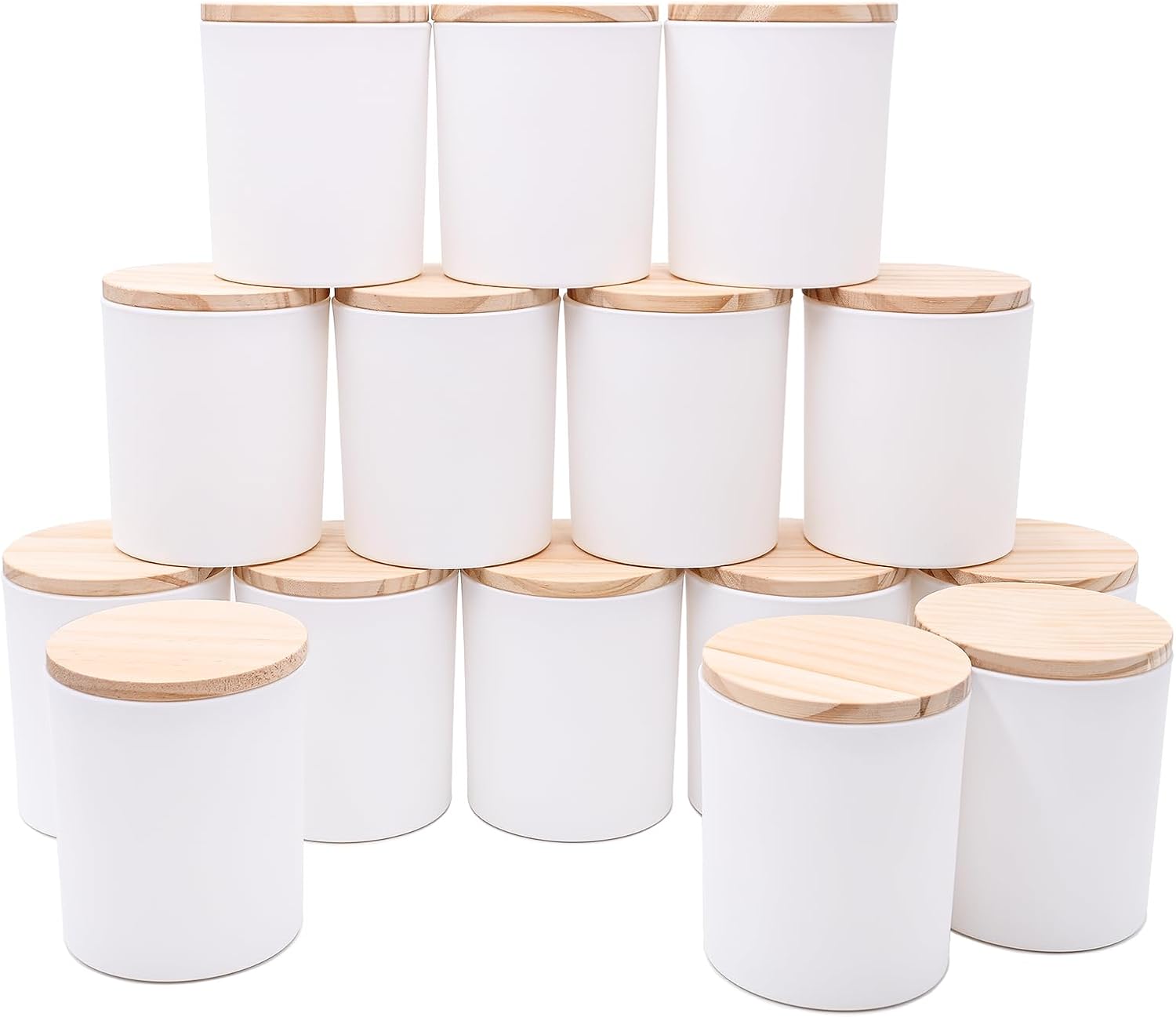 10 Oz Thick Candle Jars 15 Pcs Matte White with Wood Lids