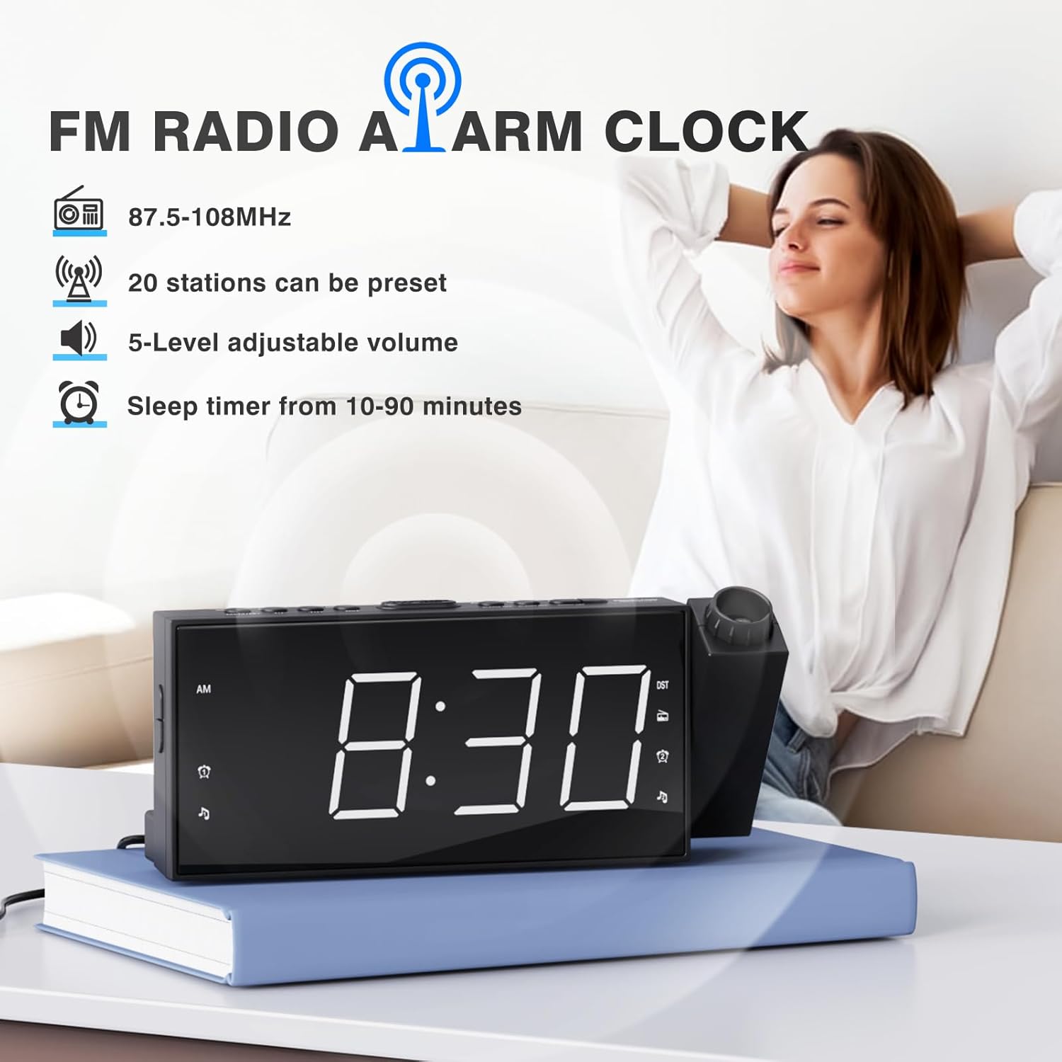 Mesqool Projection Alarm Clock with FM Radio and Dual Alarms
