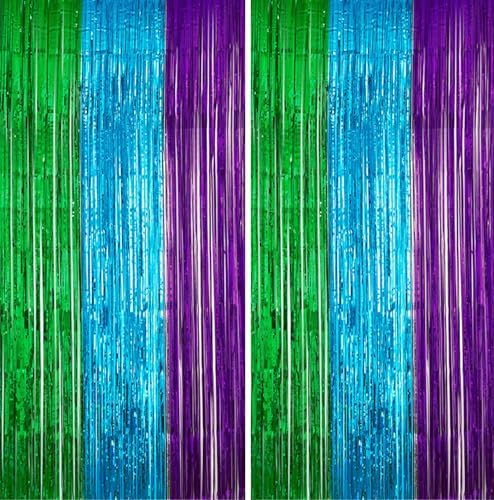 2 Pack 33ft x 66ft Green Blue Purple Tinsel Foil Backdrop