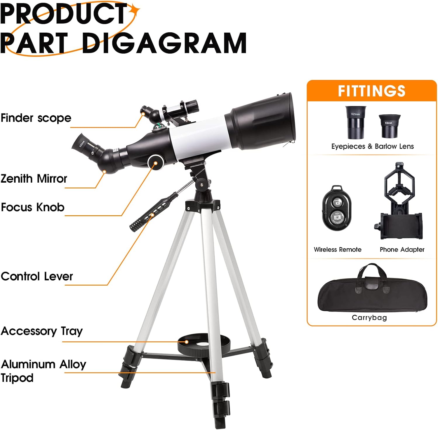 YUANZIMOO 70mm Refractor Telescope with Tripod and Remote