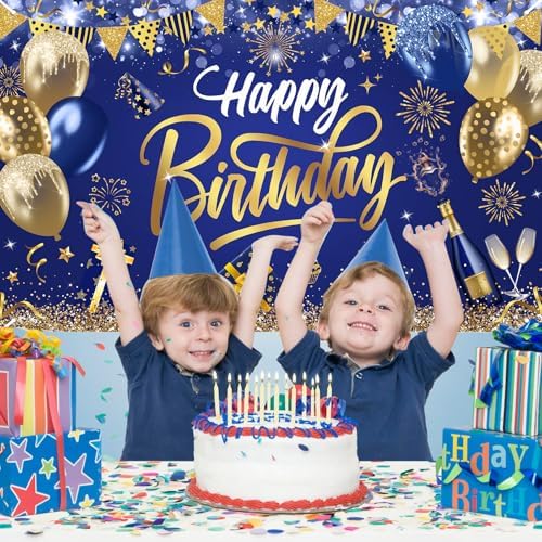 Mocsicka Happy Birthday Backdrop Blue Gold 6x36ft
