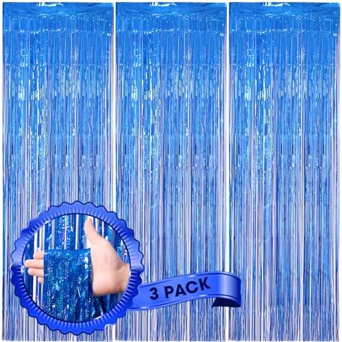 3 Pack Laser Blue Foil Fringe Backdrop Curtains for Parties
