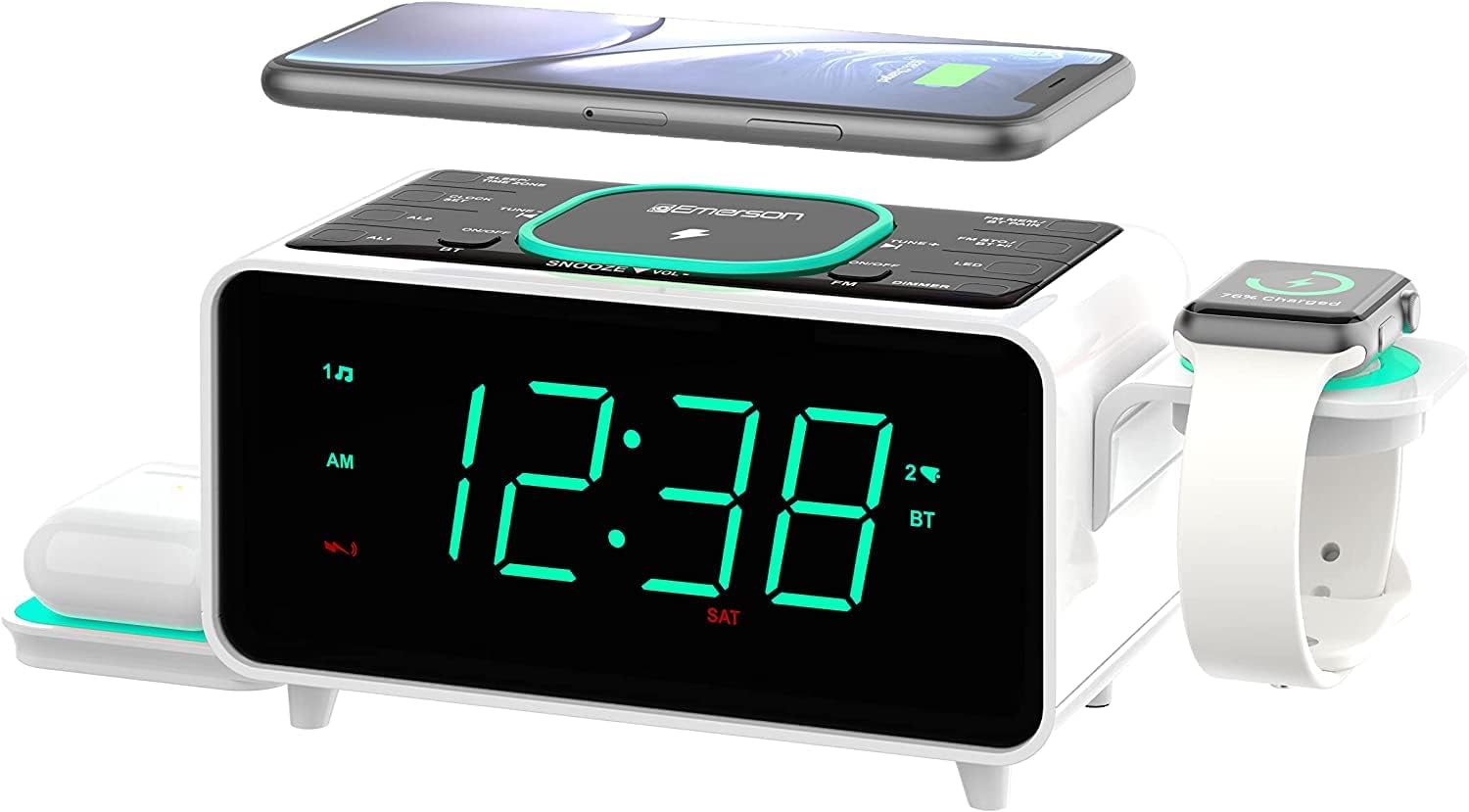 Emerson Smartset Dual Alarm Clock with Wireless Charging and Bluetooth Speaker