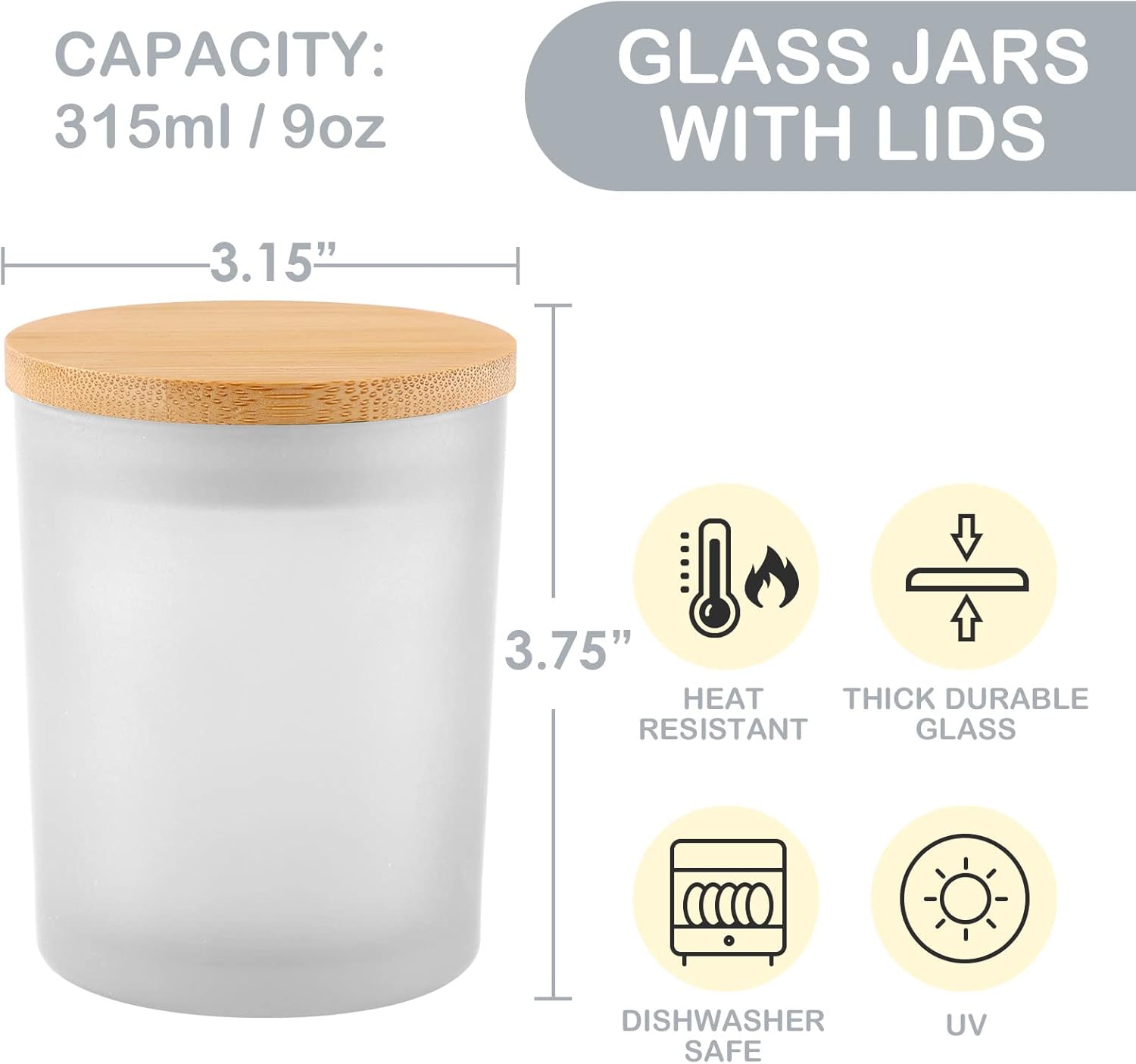 GOTIDEAL 12 Pack 9 OZ Frosted White Candle Jars with Bamboo Lids