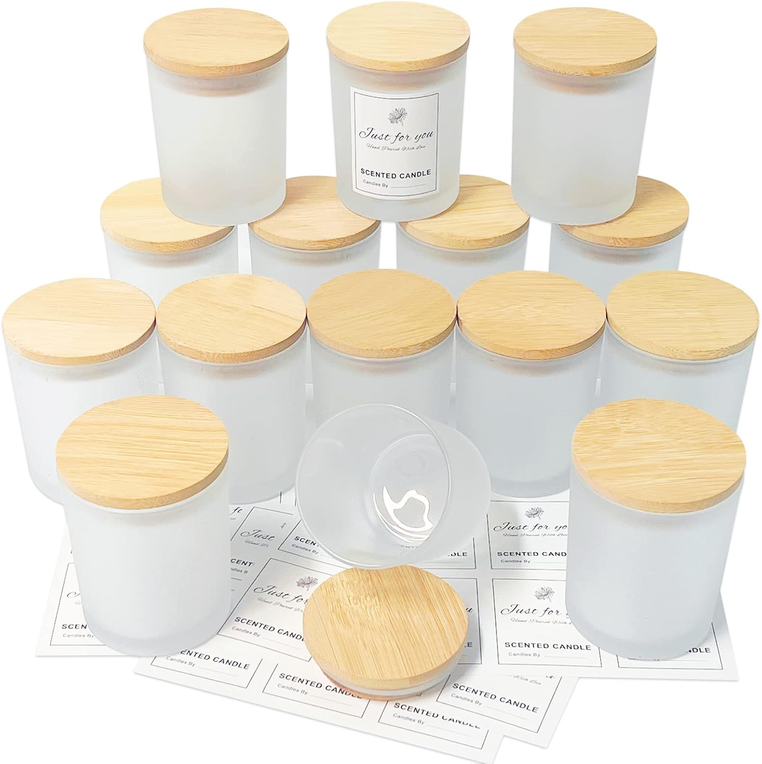 CONNOO 15 Pack Frosted Glass Candle Jars with Bamboo Lids