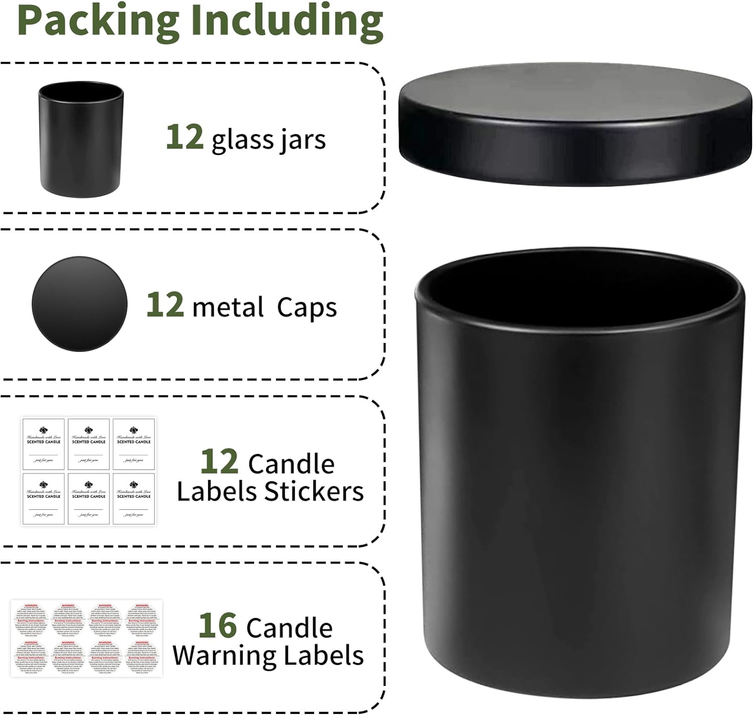 SUPMIND 12 Pack Matte Black Glass Candle Jars with Lids and Labels