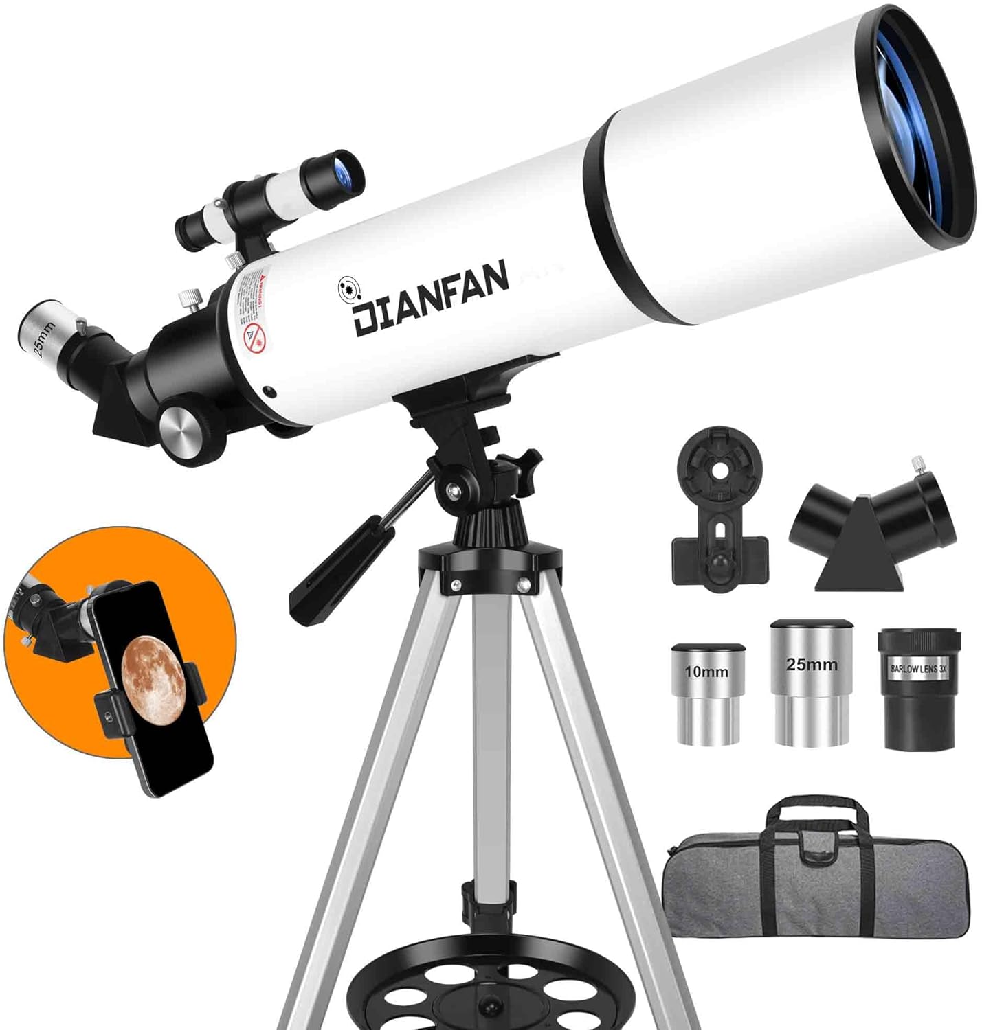 Dianfan 80mm Refractor Telescope - 600mm Focal Length with Tripod and Phone Adapter