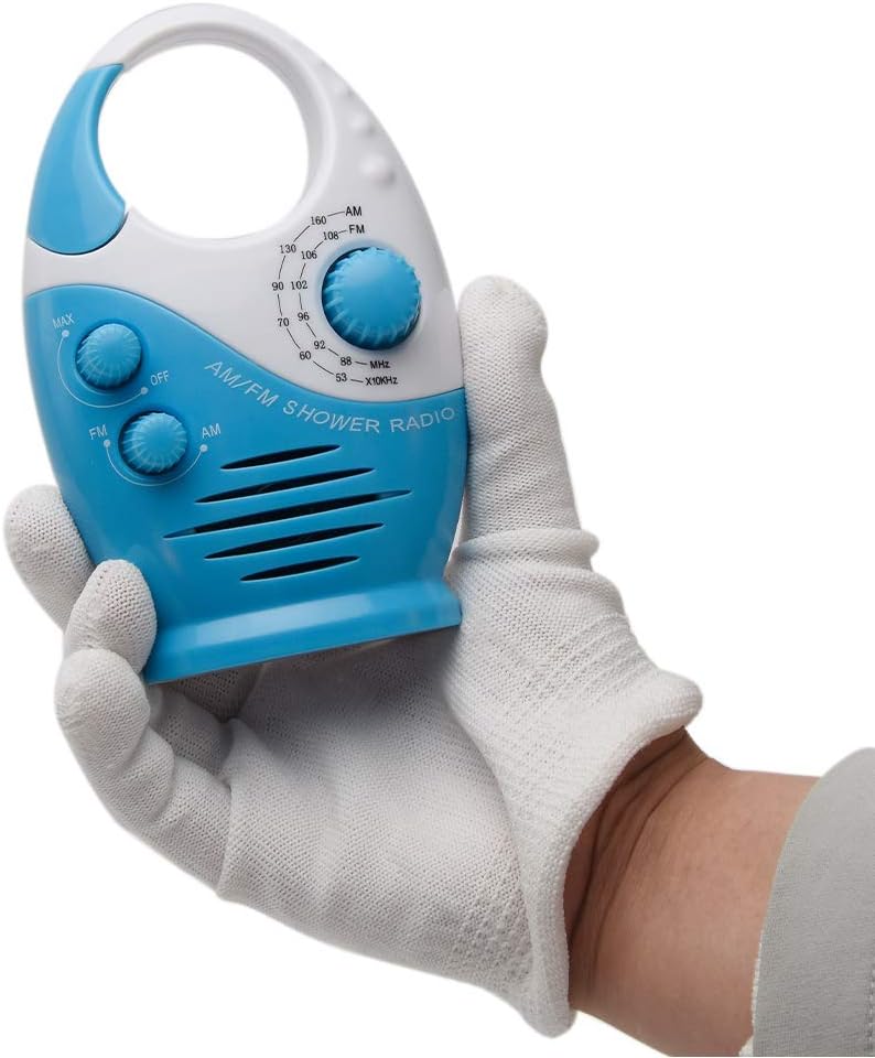Waterproof Shower Radio with AM FM and Top Handle Blue White