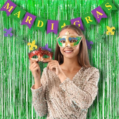 BRAVESHINE Green Metallic Tinsel Curtains - 2 Pack 32x82ft Photo Backdrop for Parties