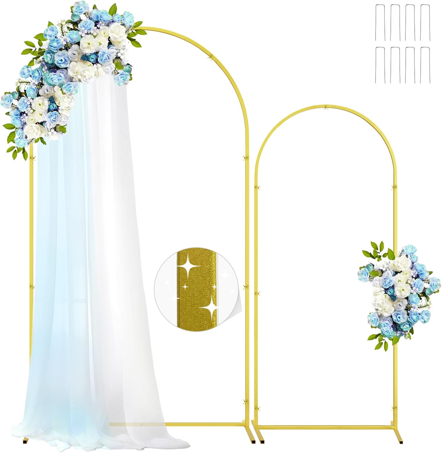 Set of 2 Gold Wedding Arch Backdrop Stands with Ground Stakes