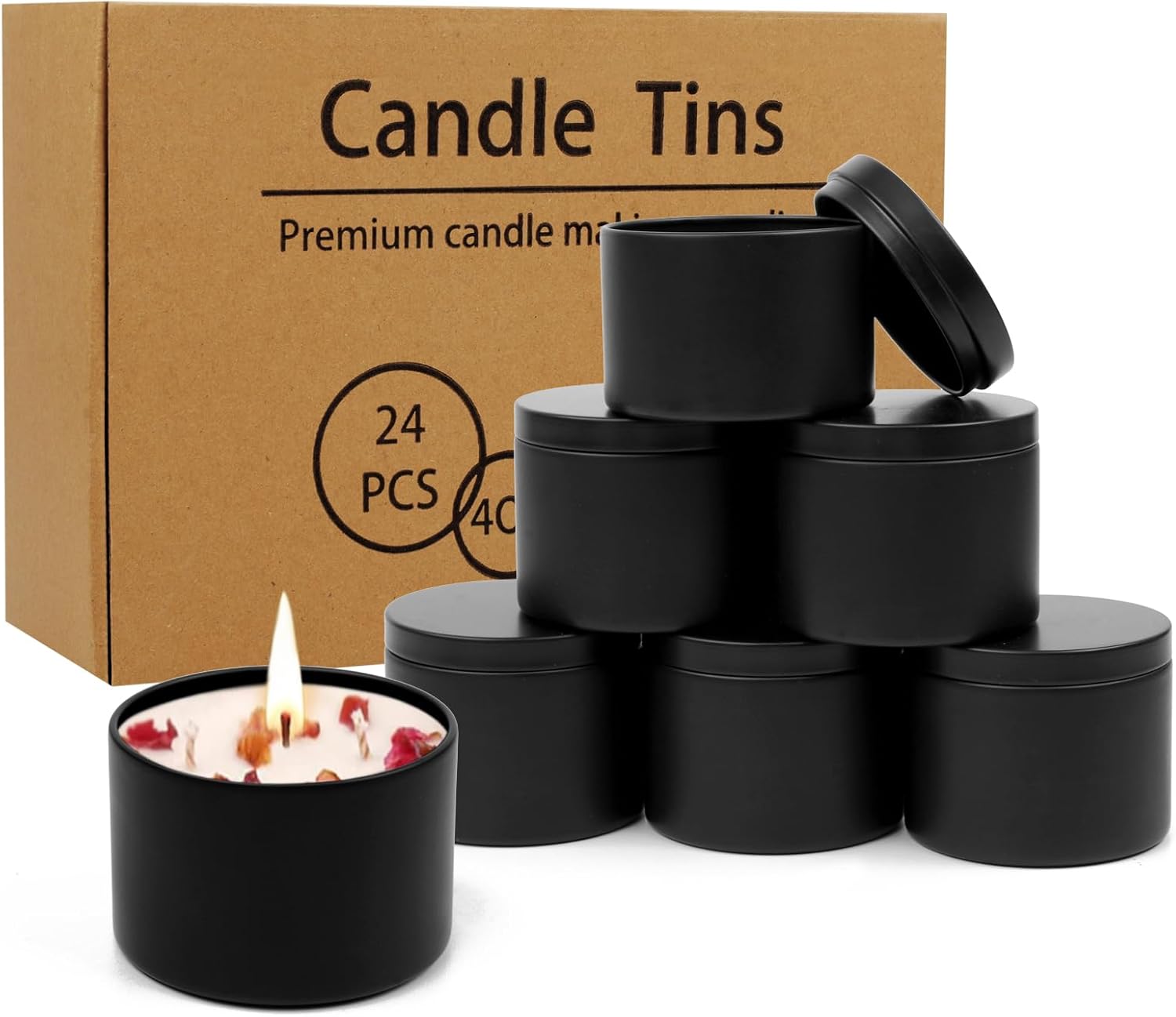 24 Pcs Black Candle Tins with Lids for DIY Candles