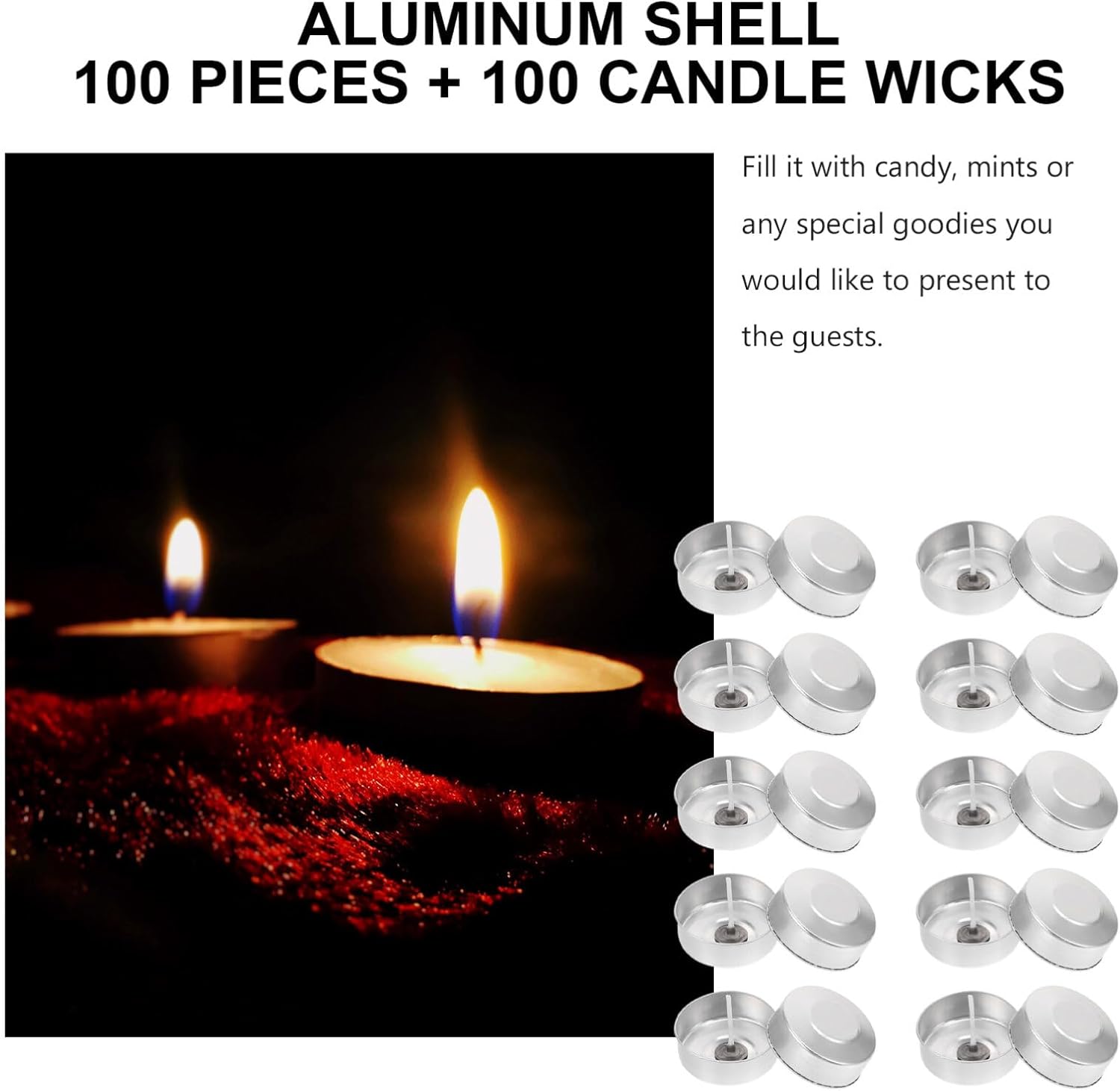 TEHAUX 100pcs Aluminum Tea Light Cups with Candle Wicks
