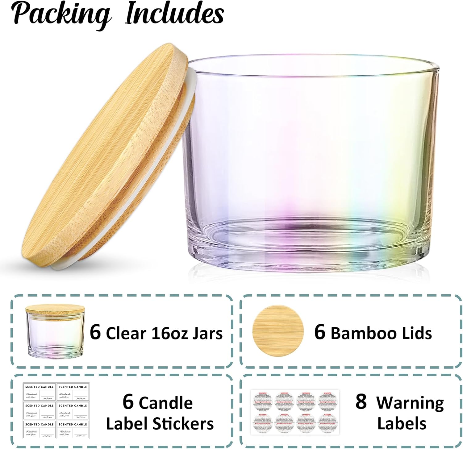 16oz 3 Wick Candle Jars 6 Pack - Glass Containers with Bamboo Lids