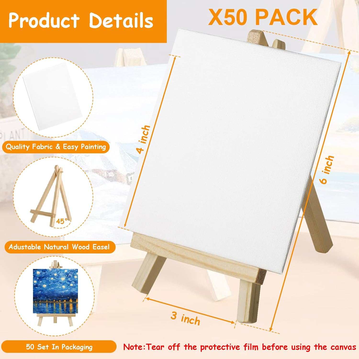 50 Pack Mini Canvas and Easel Set for Kids Classroom Art