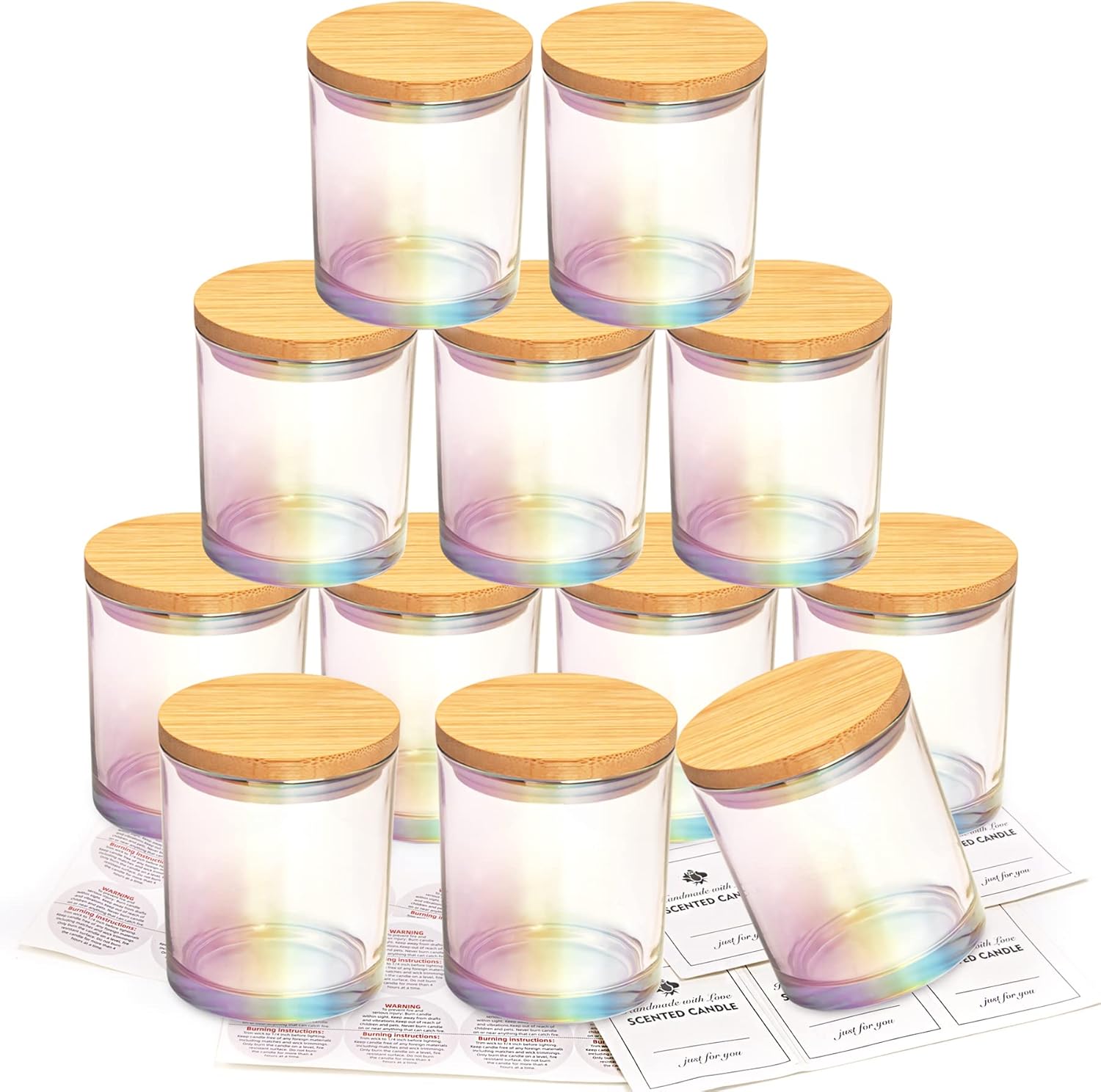 CONNOO 12 Pack 10 Oz Iridescent Glass Candle Jars with Airtight Bamboo Lids