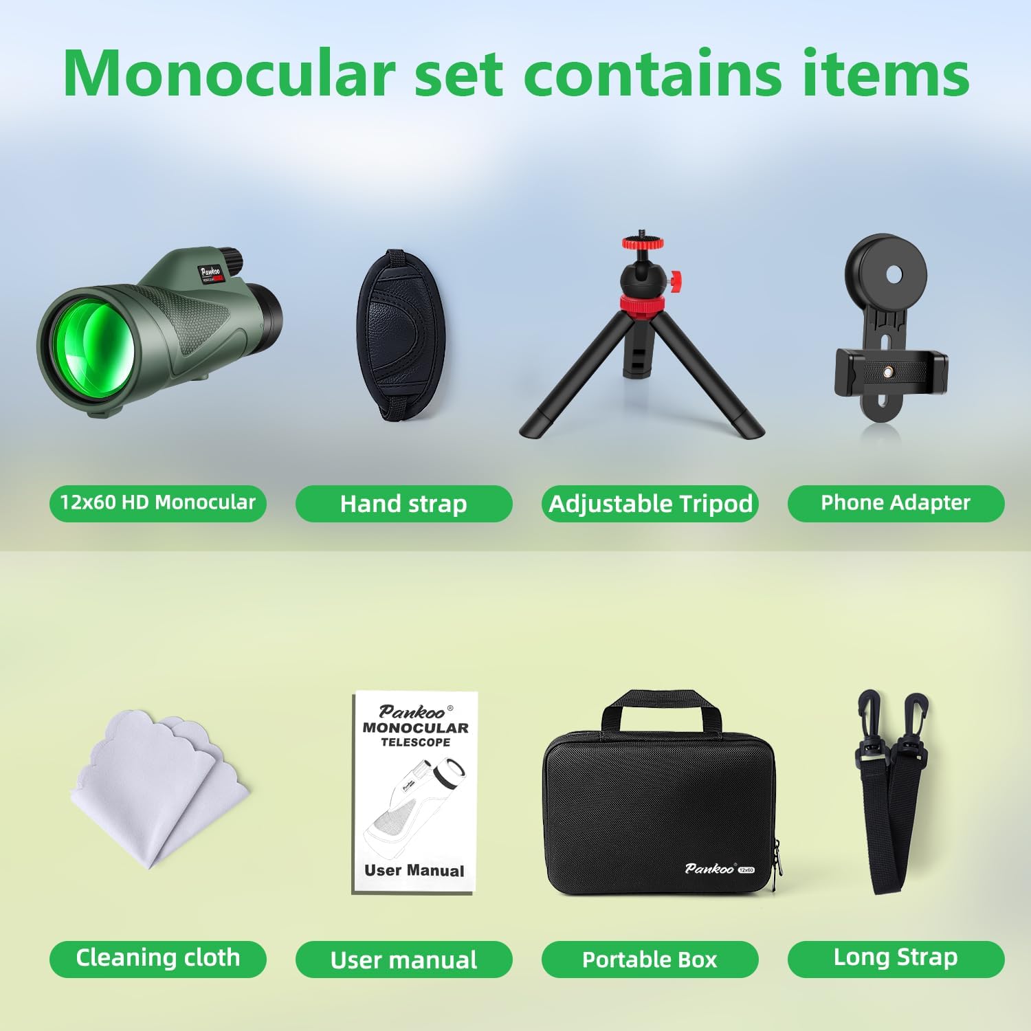 12x60 HD Monocular Telescope with Smartphone Adapter and Tripod Hand Strap