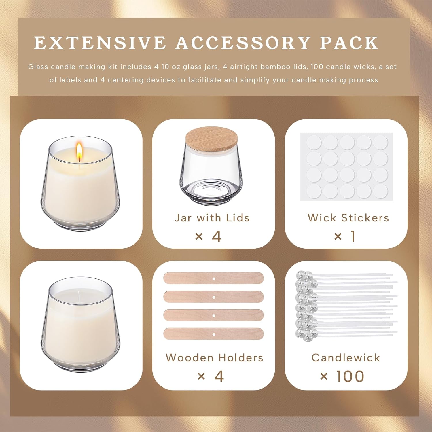 Ziliny 4 Pcs 10 Oz Glass Candle Jars with Bamboo Lids Kit