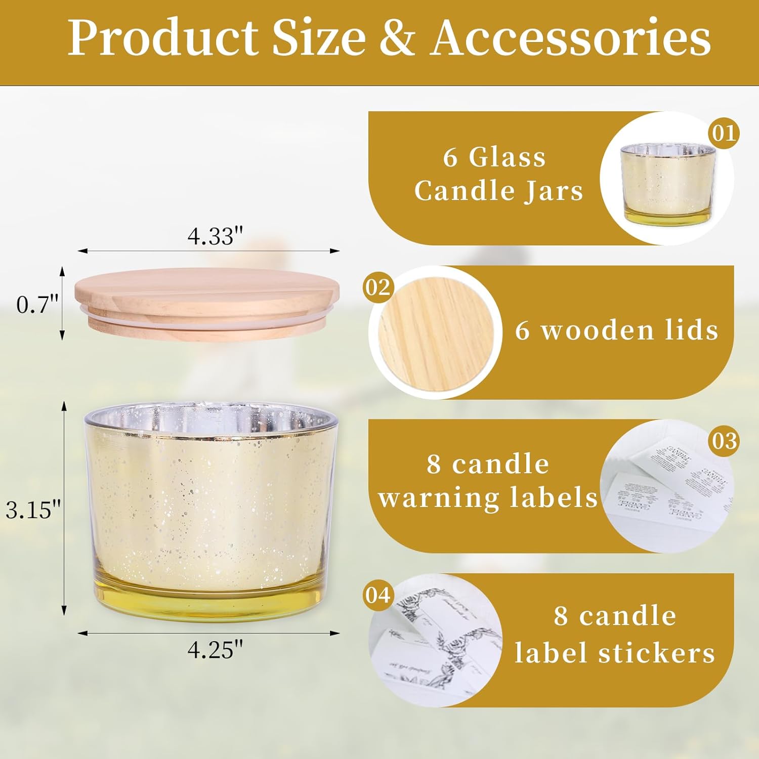 Simeitol 16 Oz Gold Candle Jars 6 Pcs with Bamboo Lids