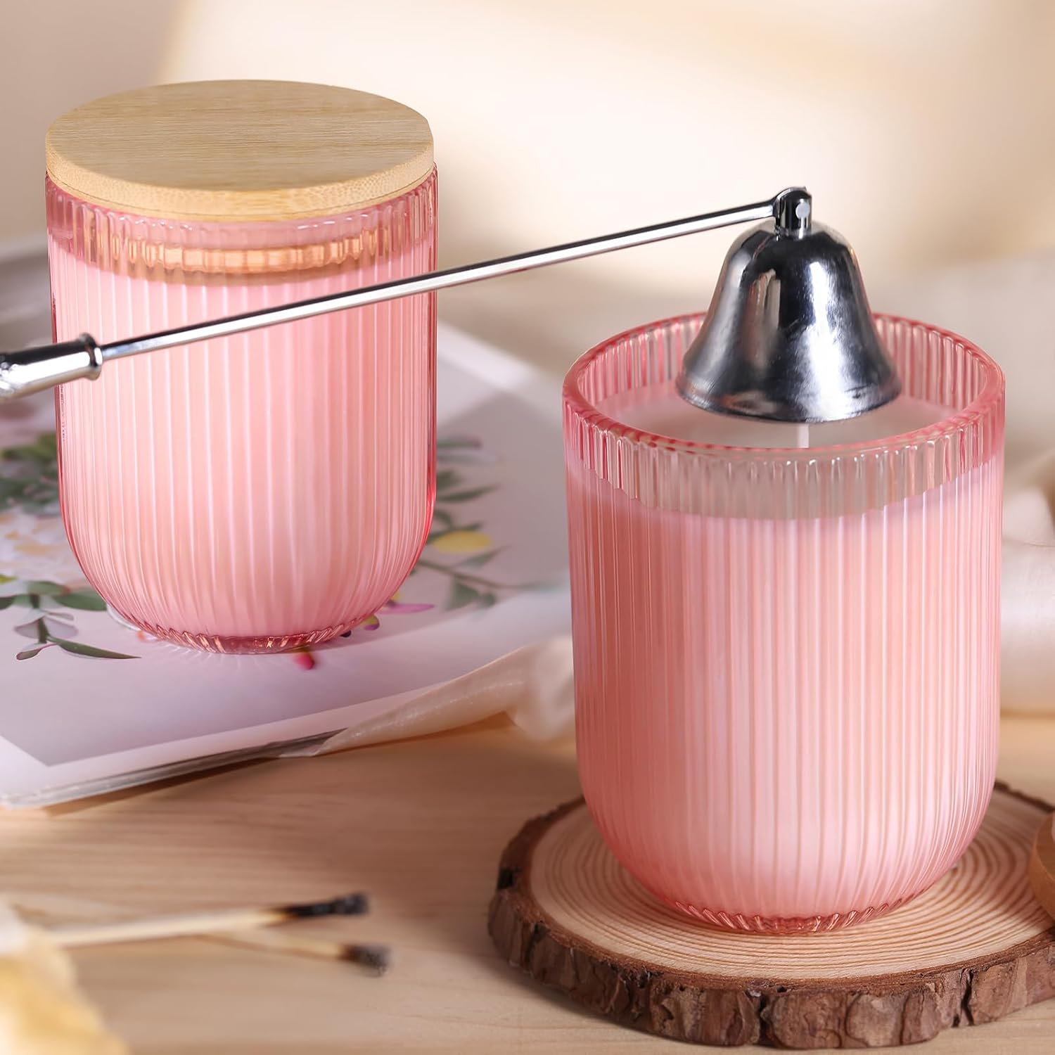 12PCS Pink Ribbed Candle Jars with Bamboo Lids and Wick Kit