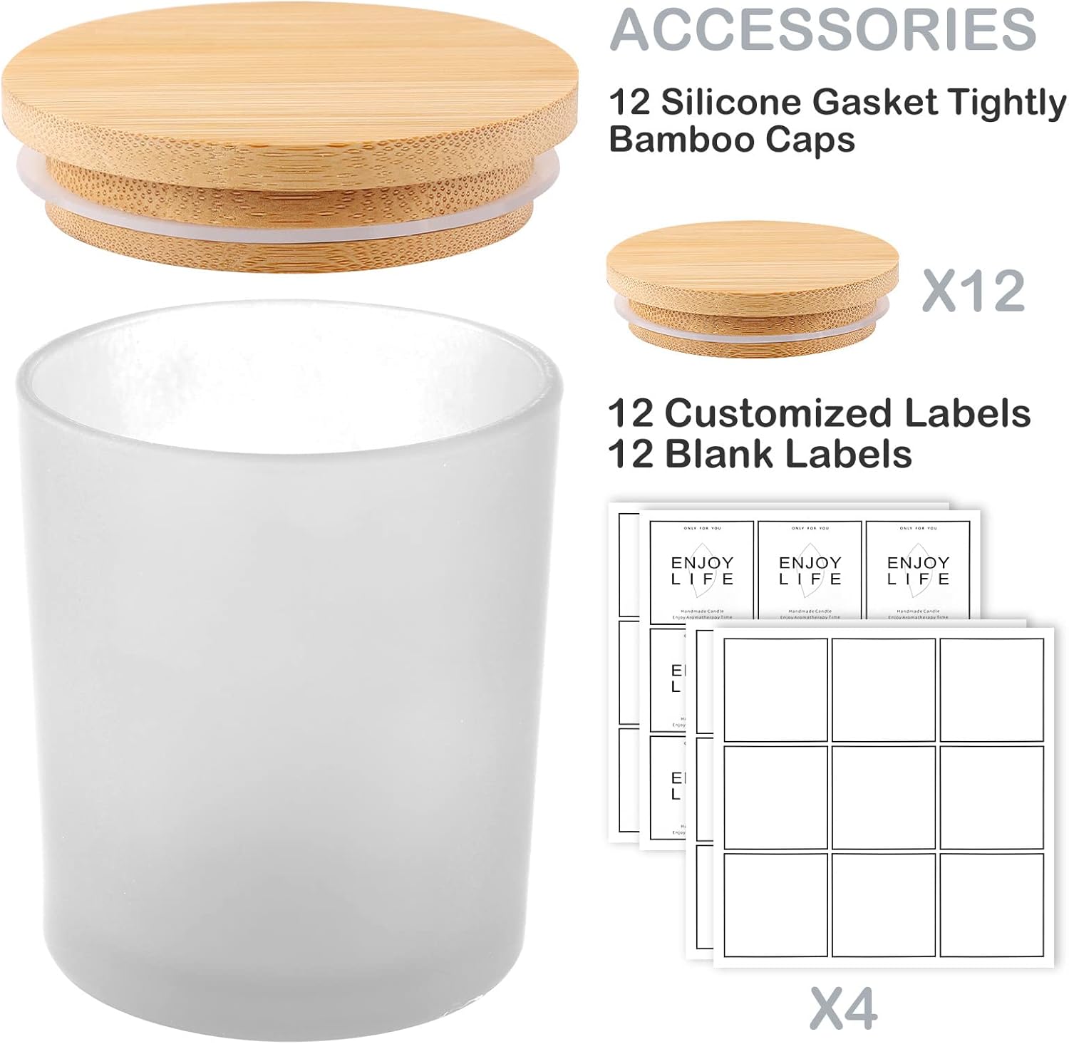 GOTIDEAL 12 Pack 9 OZ Frosted White Candle Jars with Bamboo Lids