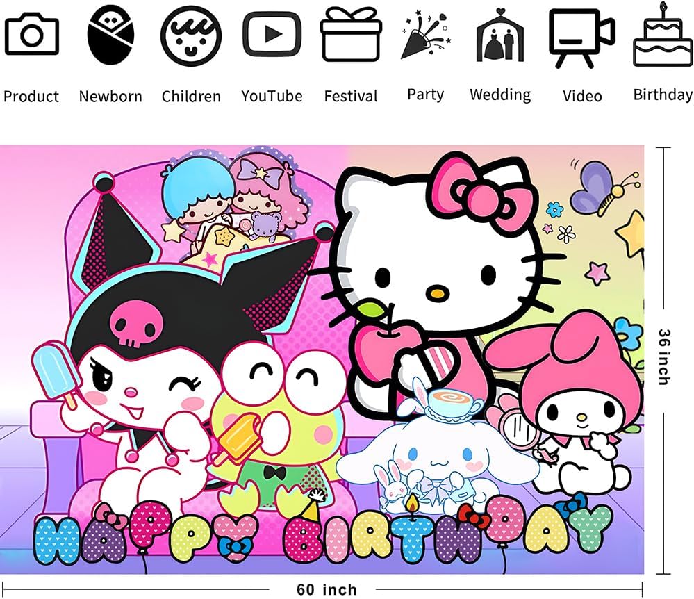 Kawaii Friends Birthday Banner Backdrop for Kids Party Supplies 5x3ft
